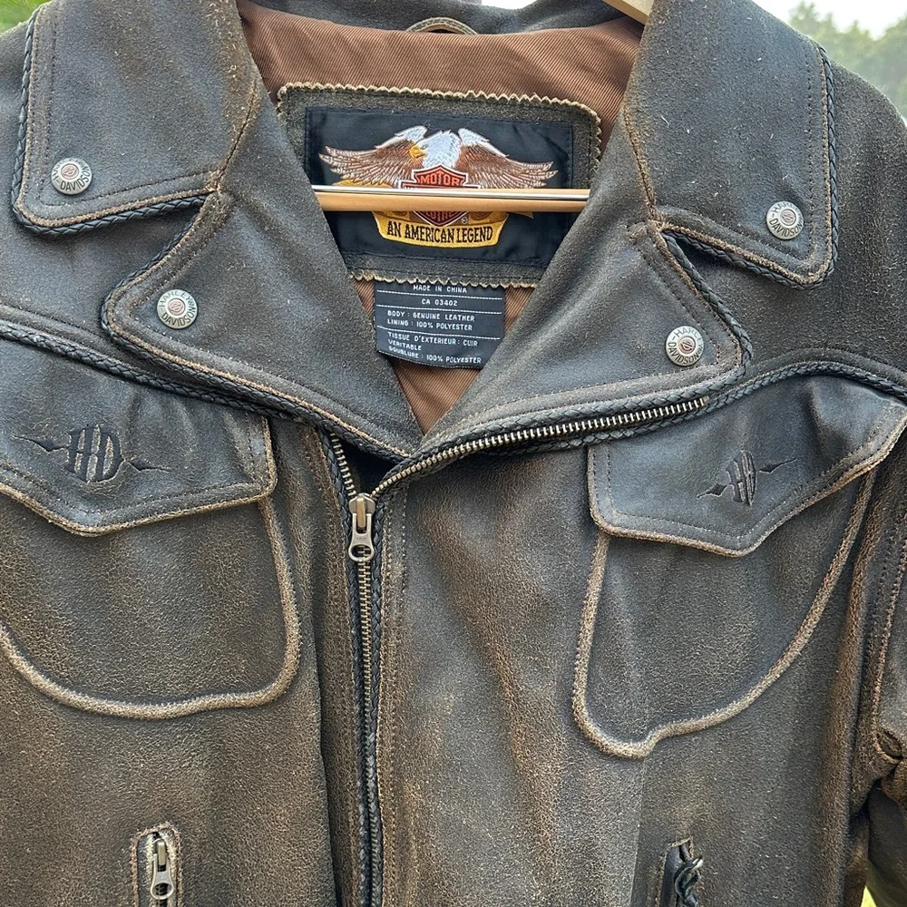 Harley-Davidson Vintage Distressed Brown with Black trim Leather Bomber Jacket - Picture 1 of 16